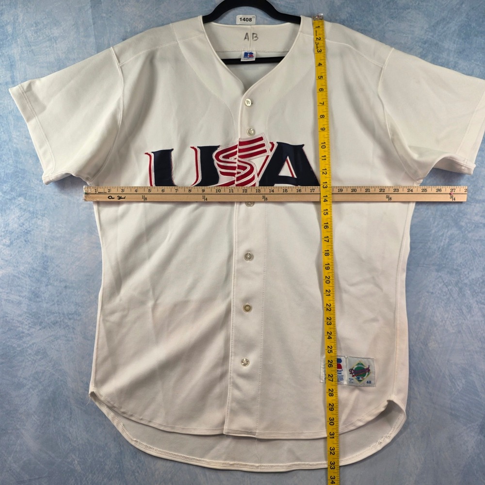 Vintage Russell Athletic USA Baseball Jersey Mens 48 White Button Up Made in USA - Picture 7 of 13